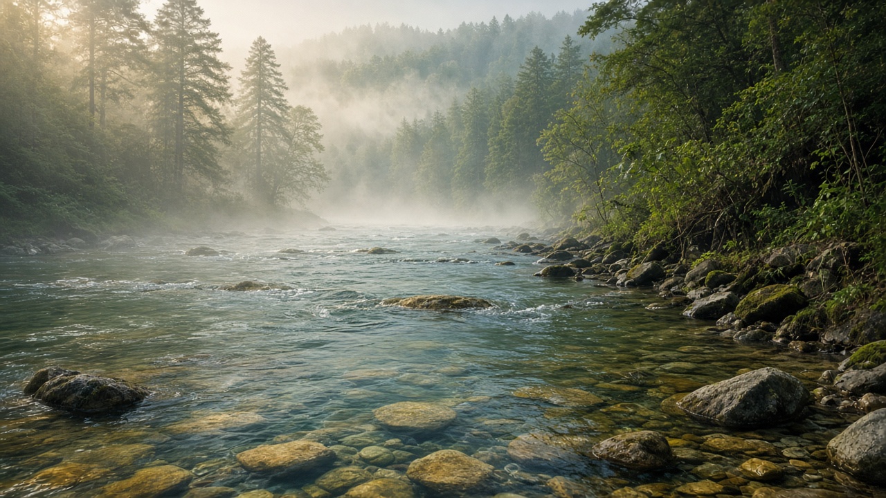 Wide river running through green Appalachian hills